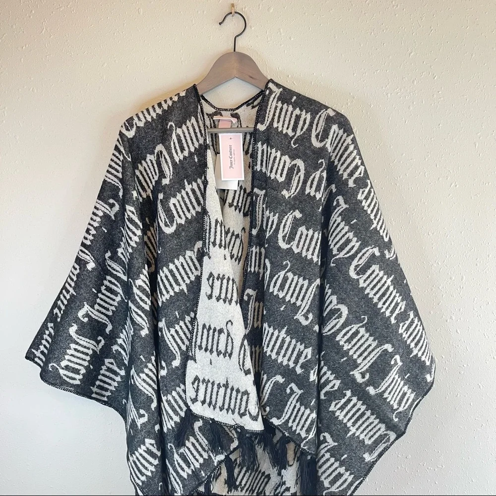 Juicy Couture Women’s Warm Tassels Black/Ivory Scarf Wrap Poncho OS NWT